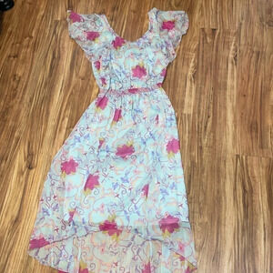 Chelsea & Violet women’s dress Large floral high low knee length blue Polynesian